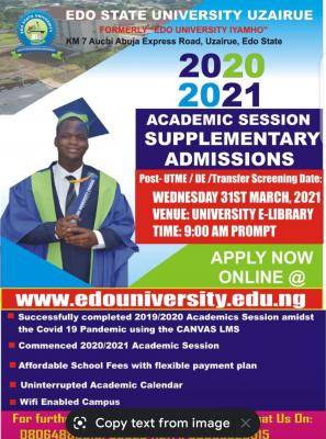Edo University announces date for next supplementary Post-UTME screening, 2020/2021