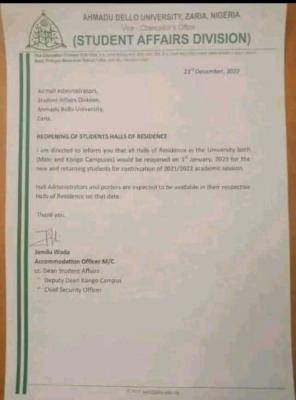ABU notice on re-opening of students hall of residence
