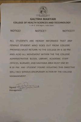 Galtima Maikyari College of Health notice to students on curfew within and outside the college premises
