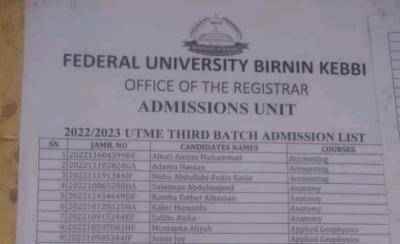 FUBK UTME 3rd batch admission list, 2022/2023 on school's notice board