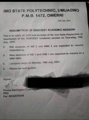 Imo Poly announces resumption for 2020/2021 session