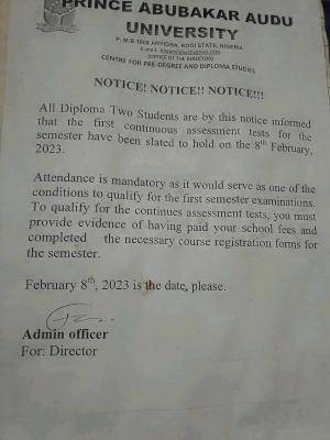 Prince Abubakar University notice to Diploma II students