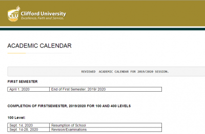 Clifford University revised academic calendar for 2019/2020 session