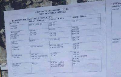 ABSU 1st semester examination timetable, 2022/2023