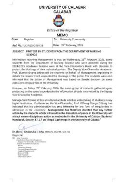 UNICAL management reacts to the protest by students from the department of Nursing Science