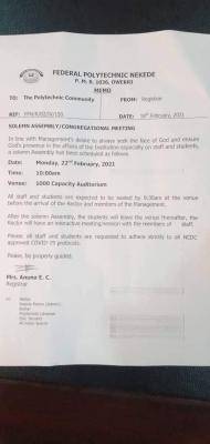 Fed Poly, Nekede notice on solemn Assembly/Congregation meeting