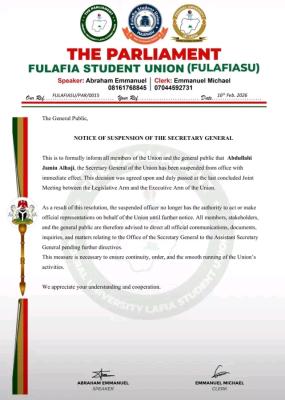 FULAFIA SUG suspends Secretary General with immediate effect