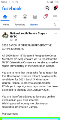 NYSC notice to 2020 Batch 