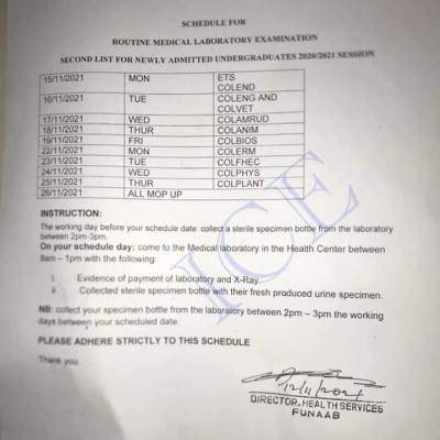 FUNAAB 2nd list routine medical examination schedule for newly admitted students, 2020/2021