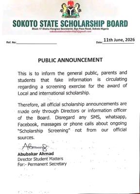 Sokoto State Scholarship Board alerts the public of fake scholarship screening exercise