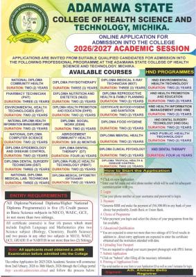 Adamawa State College of Health Science and Technology Admission 2026/2027