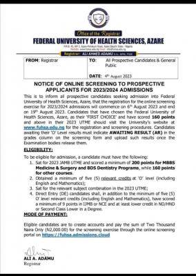 FUHSA Post-UTME/DE 2023: Cut-off mark, Eligibility and Registration Details