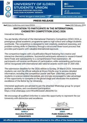 UNILORIN SUG calls on students to Join Global Chemistry Competition