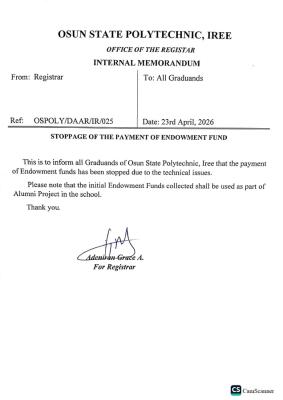 OSPOLY notice on stoppage of Endowment Fund payment by graduands