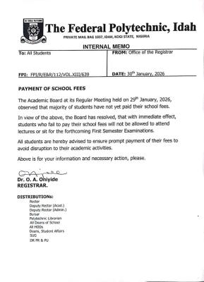 Federal Polytechnic, Idah notice on payment of school fees