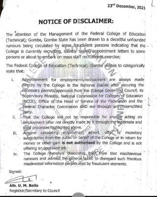 FCE Gombe recruitment disclaimer