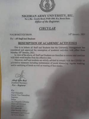 NAUB resumption of academic activities