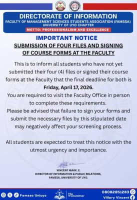 UNIUYO Faculty of Management Sciences Students Association notice to students