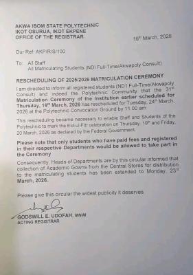 Akwa Poly reschedules Matriculation Ceremony, 2025/2026