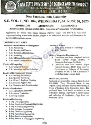 DSUST Admission into Intensive HND-B.Sc. Conversion Programme, 2025/2026