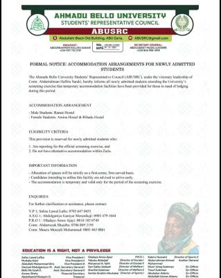 ABU Students Council announces temporary accommodation for newly admitted students
