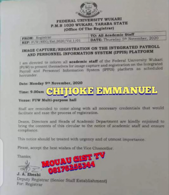 FUWukari notice to staff on image capture/registration on IPPIS