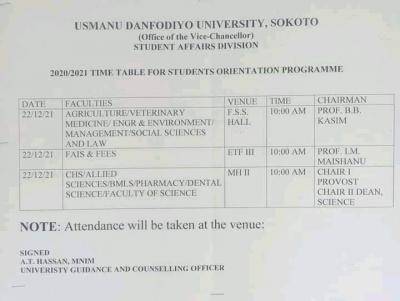 UDUS schedule of orientation programme, 2020/2021