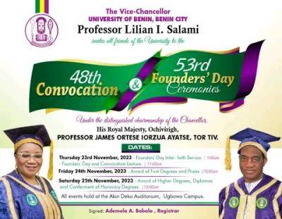 UNIBEN announces 48th Convocation and 53rd Founders Day Ceremonies
