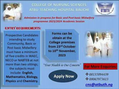 ATBU Hospital admission into Basic & Post Basic Midwifery, 2023/2024