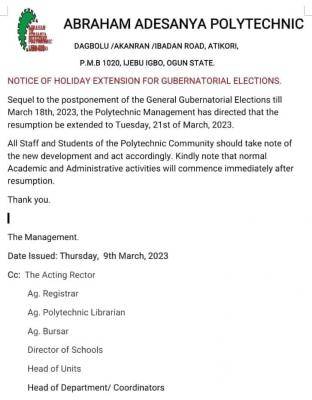 Abraham Adesanya Poly notice of holiday extension for upcoming election