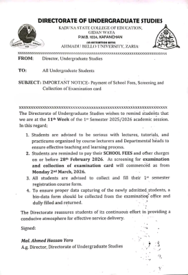 KSCOE Gidan Waya notice on school fees payment, screening and collection of exam cards