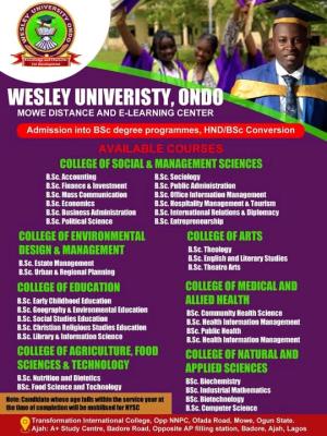 Wesley University, Ondo Distance and E‑Learning B.Sc and HND to B.Sc Programmes Admission