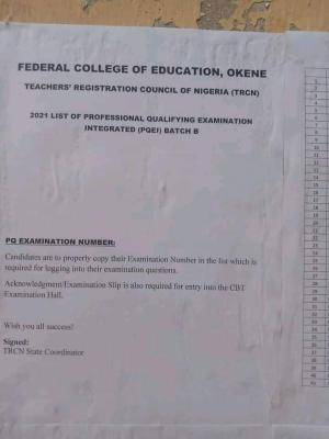 FCE, Okene 2021 Batch B list for Professional Qualifying Examination Integrated (PQEI)