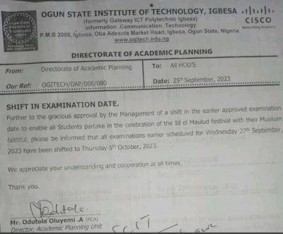 OGITECH notice on shift in examination date