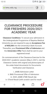 Bayelsa Medical University clearance procedure for new students, 2020/2021