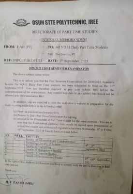 OSPOLY notice to Daily Part-time ND II students on 1st semester exam, 2020/2021
