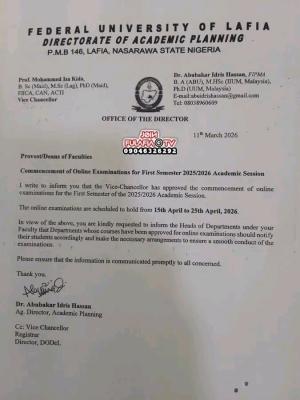 FULAFIA notice on commencement of 1st semester online examination for 2025/2026 Session