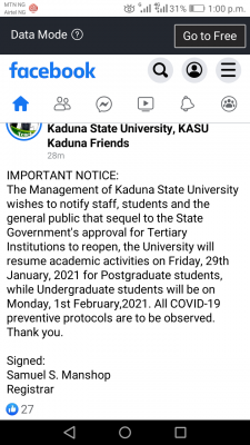 Kaduna State University notice on resumption of academic activities