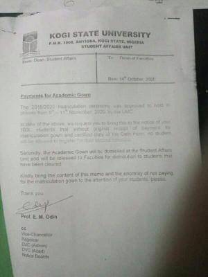 Kogi State University issues notice to students on payment of academic gown