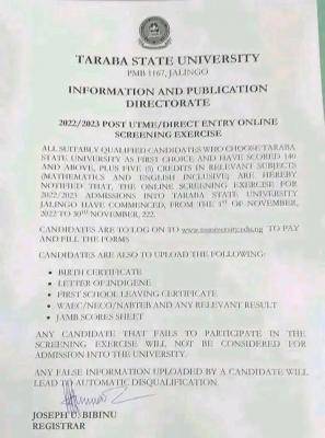 TASU Post UTME/DE 2022: cut-off mark, eligibility and registration Details