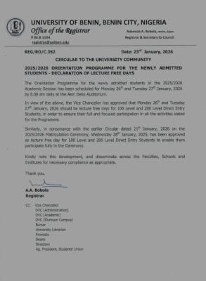 UNIBEN declares lecture free days for 100 level students