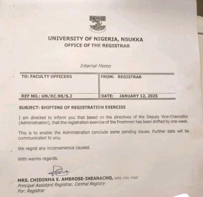 UNN shifts commencement of registration for new students , 2025/2026