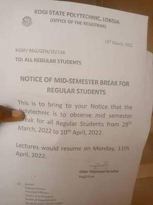 KSP notice of mid-semester break for regular students