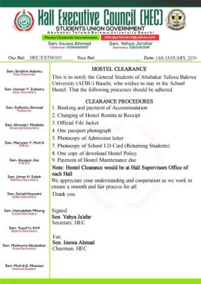 ATBU SUG notice to students on hostel clearance