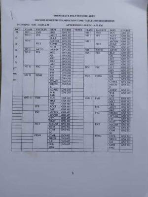 OSPOLY second semester examination time table for 2019/2020 session