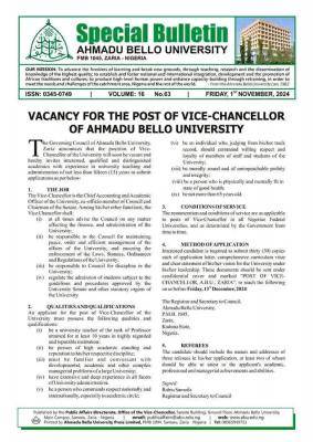 ABU Zaria announces vacancy for the Post of Vice Chancellor