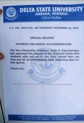 DELSU notice to students yet to pay their school fees on payment for hostel accommodation