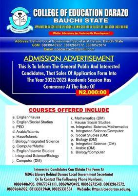 College of Education, Darazo Admission form, 2022/2023