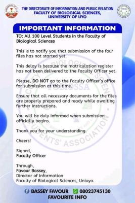 UNIUYO Faculty of Biological Sciences notice to 100 level students