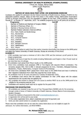 FUHSO Post-UTME/DE 2025: Cut-off mark, Eligibility and Registration Details